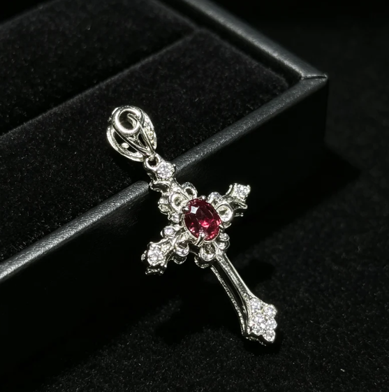 Natural red garnet cross pendant